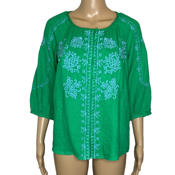 Women's PXS J.Jill Green Linen Blend Floral Embroidered Button Front Blouse NEW - Picture 1 of 5